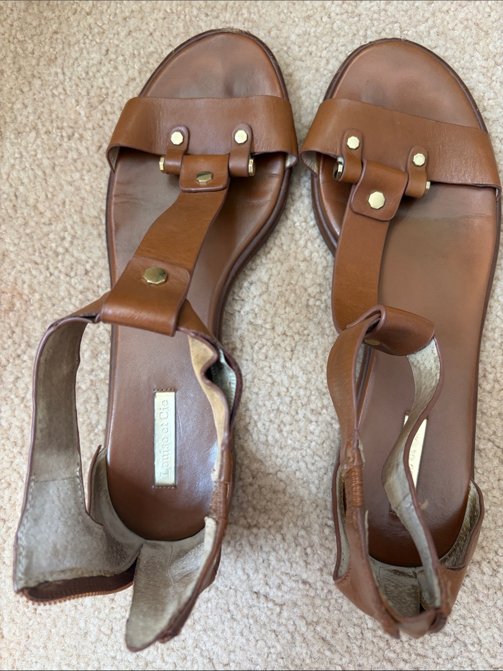 Louise et Cie Brown Leather T-Strap Sandals with Gold Accents